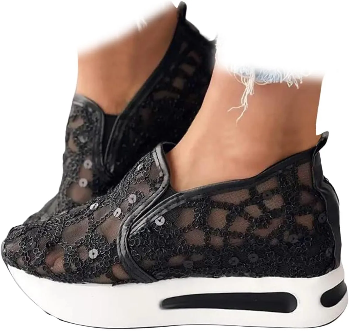 SACFOF Women's Platform Wedge Sneakers Floral Embroidery Breathable Mesh Summer Platform Shoes Hidden Walking Loafers