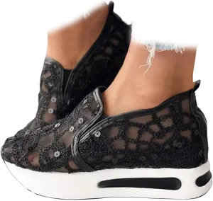 SACFOF Women's Platform Wedge Sneakers Floral Embroidery Breathable Mesh Summer Platform Shoes Hidden Walking Loafers