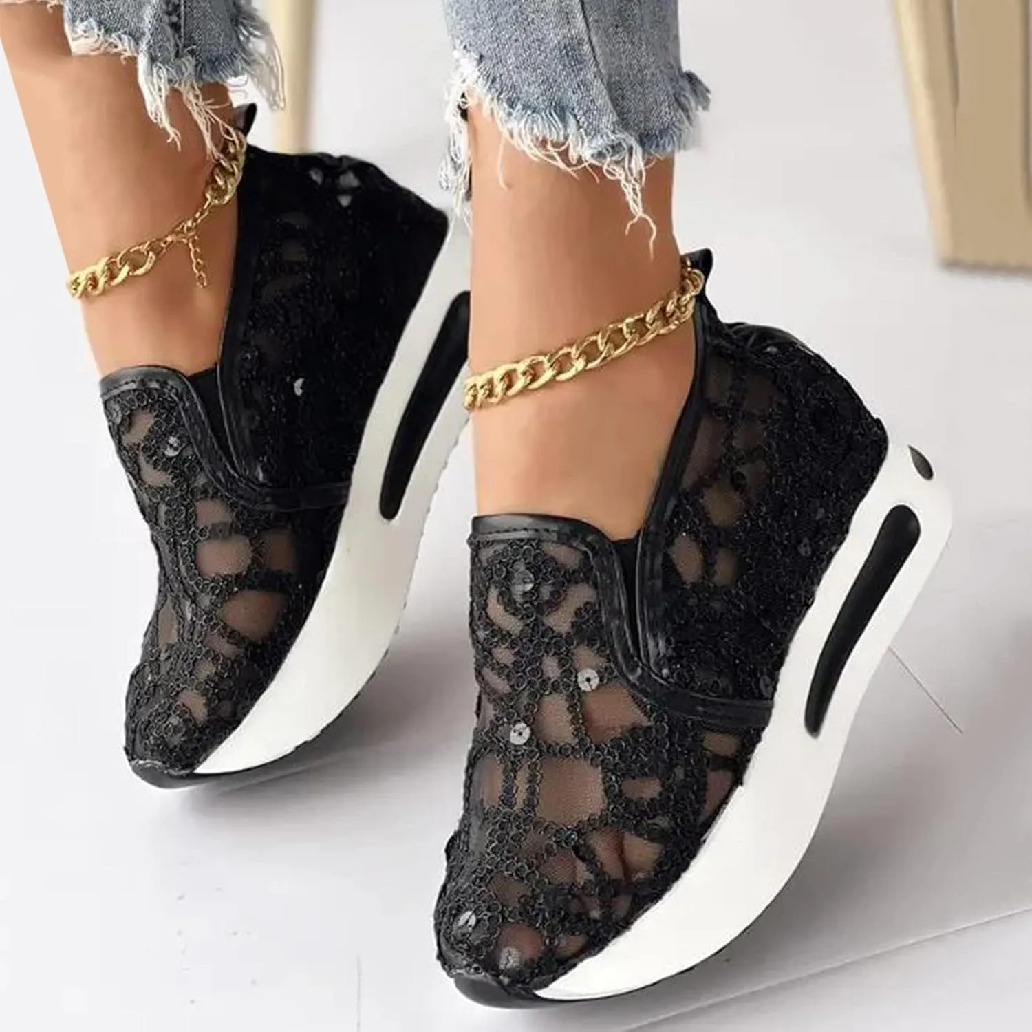 SACFOF Women's Platform Wedge Sneakers Floral Embroidery Breathable Mesh Summer Platform Shoes Hidden Walking Loafers