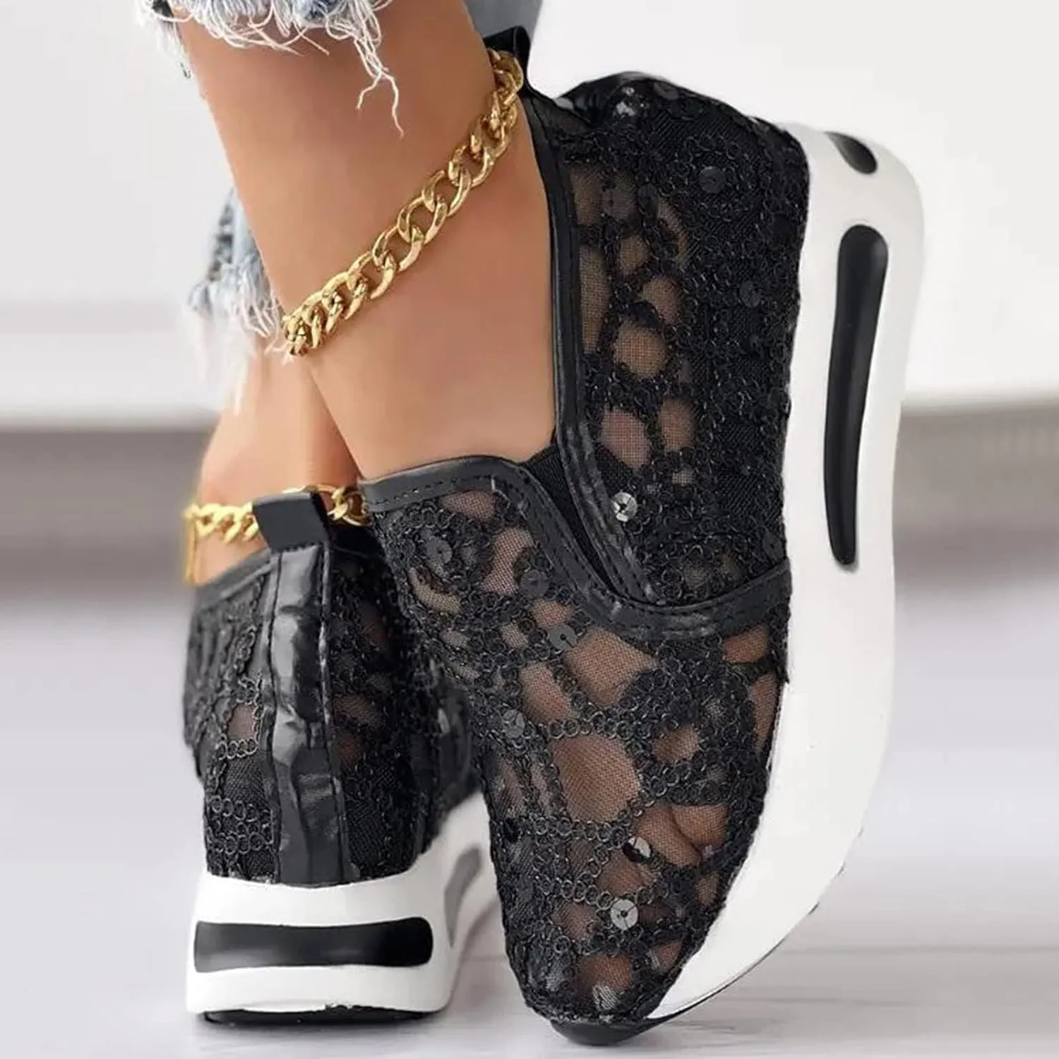 SACFOF Women's Platform Wedge Sneakers Floral Embroidery Breathable Mesh Summer Platform Shoes Hidden Walking Loafers