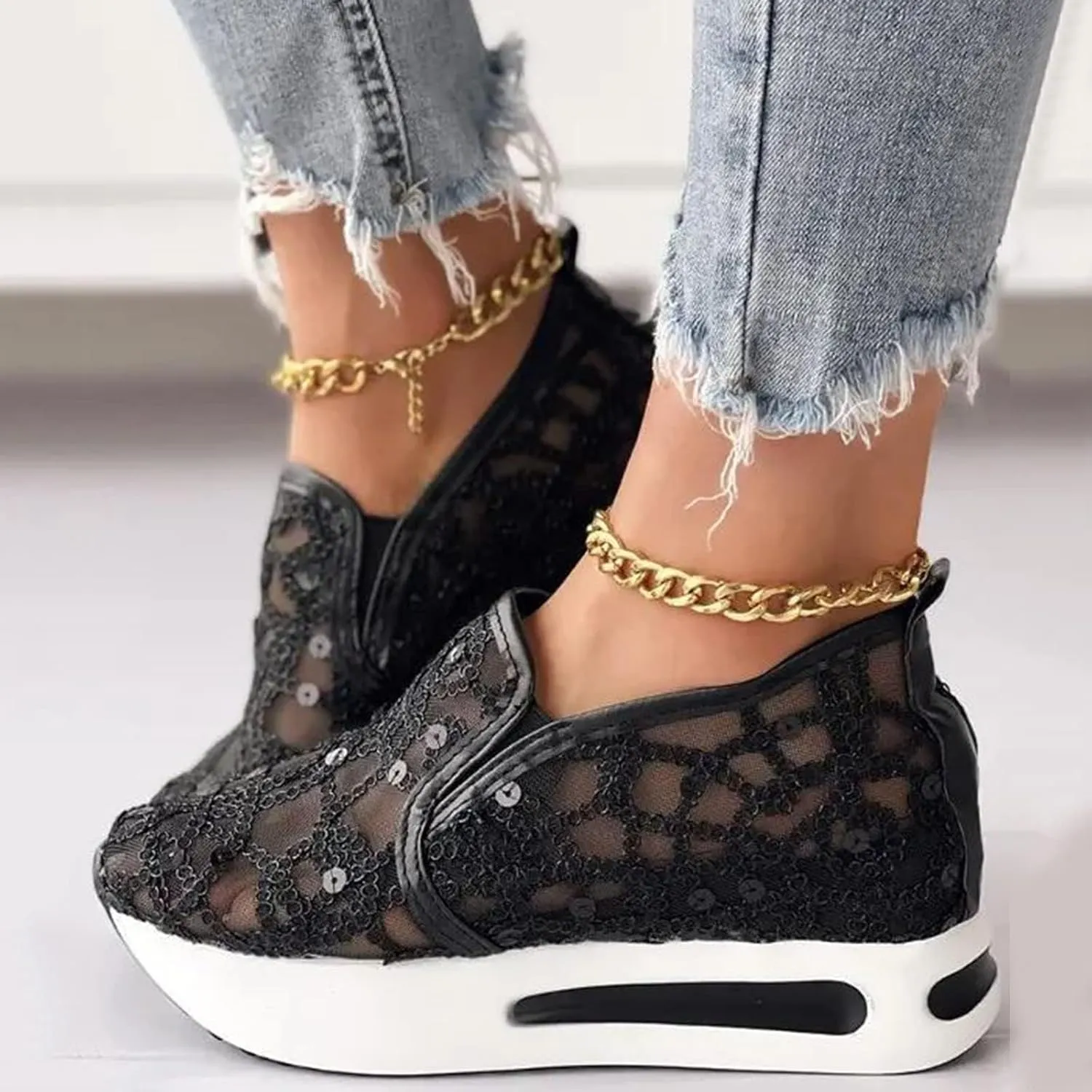 SACFOF Women's Platform Wedge Sneakers Floral Embroidery Breathable Mesh Summer Platform Shoes Hidden Walking Loafers
