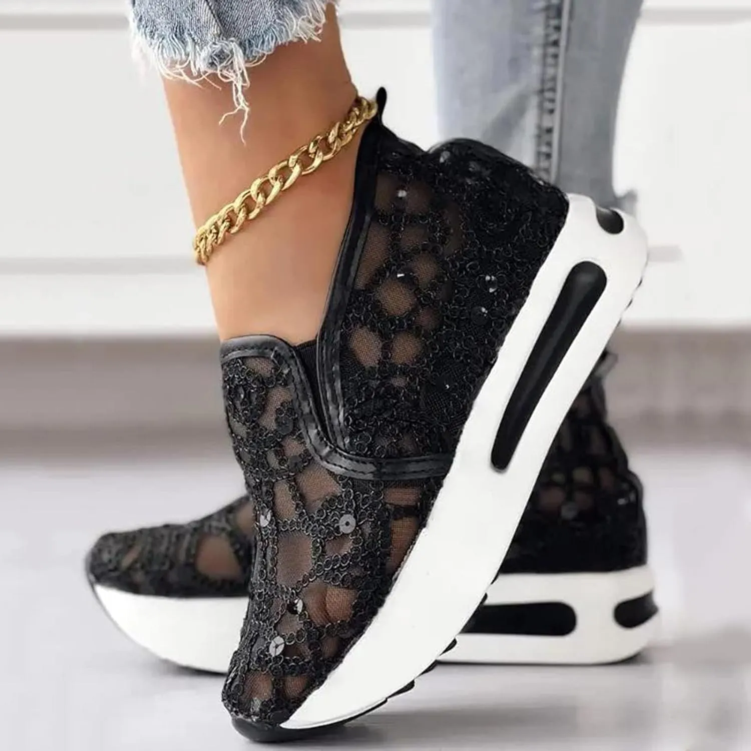 SACFOF Women's Platform Wedge Sneakers Floral Embroidery Breathable Mesh Summer Platform Shoes Hidden Walking Loafers