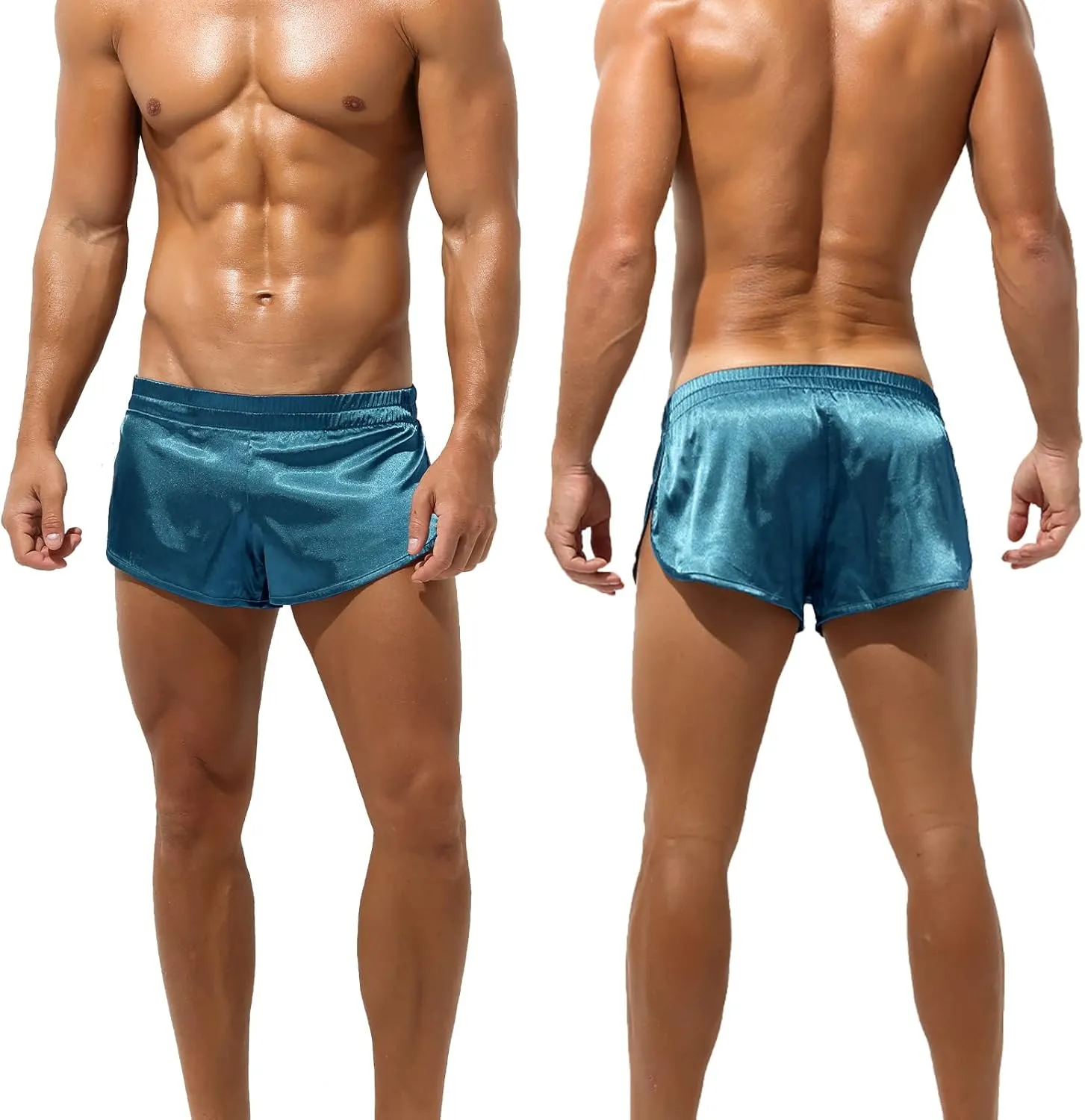 SEAUR Men's Satin Shorts Split Side Short Shorts Jockstrap Boxers Silky Pajama Bottom Shorts Loose Sleep Shorts Sleepwear