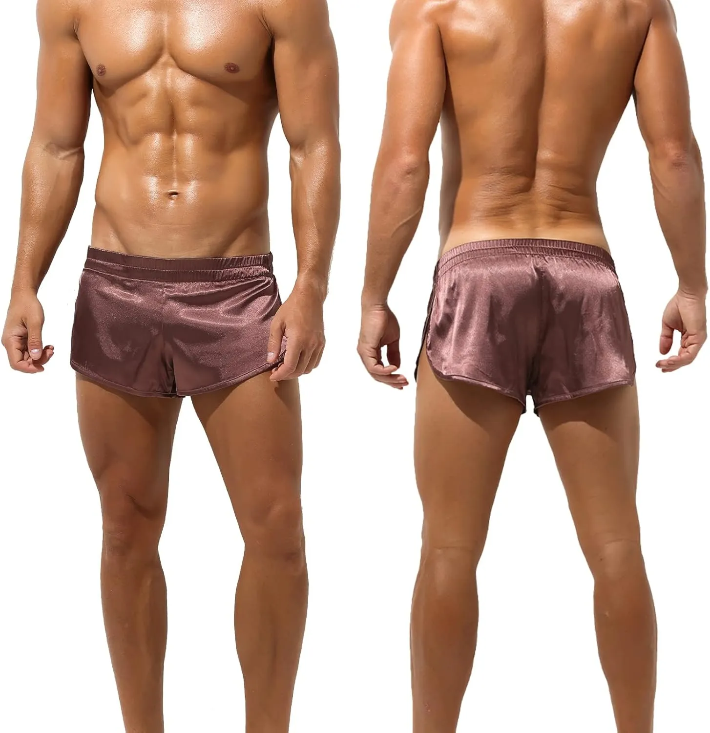 SEAUR Men's Satin Shorts Split Side Short Shorts Jockstrap Boxers Silky Pajama Bottom Shorts Loose Sleep Shorts Sleepwear