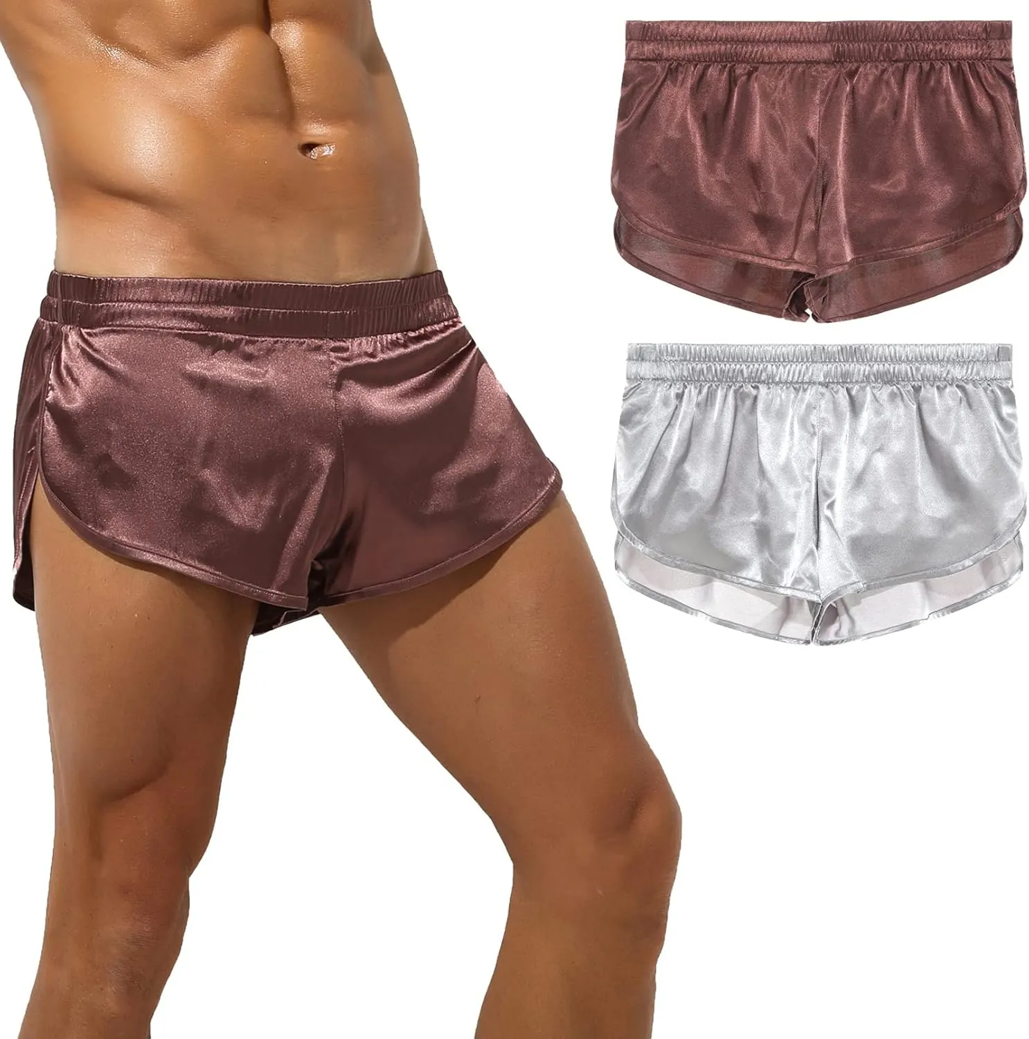 SEAUR Men's Satin Shorts Split Side Short Shorts Jockstrap Boxers Silky Pajama Bottom Shorts Loose Sleep Shorts Sleepwear