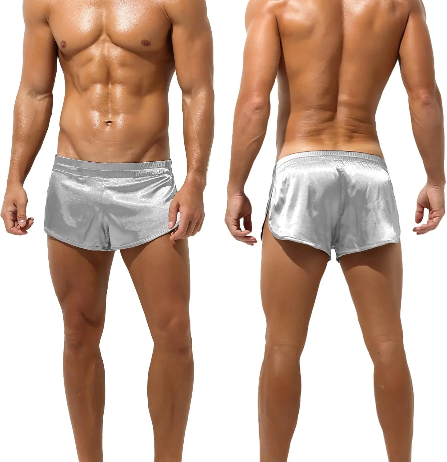SEAUR Men's Satin Shorts Split Side Short Shorts Jockstrap Boxers Silky Pajama Bottom Shorts Loose Sleep Shorts Sleepwear