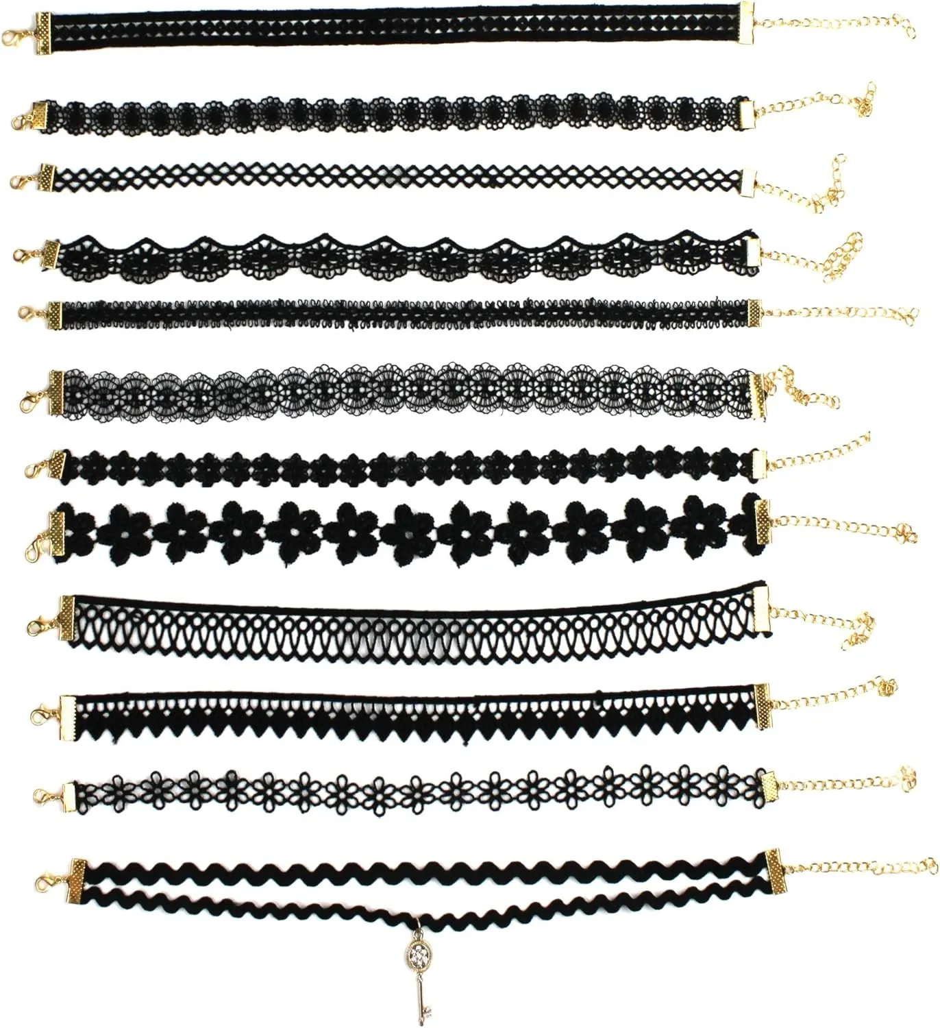 Set of 12 Black Lace Embroidery Style Ribbon Choker Necklaces With Unique Flower And Geometric Designs, Adjustable, Comfort Fit