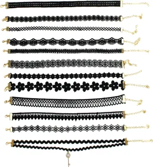 Set of 12 Black Lace Embroidery Style Ribbon Choker Necklaces With Unique Flower And Geometric Designs, Adjustable, Comfort Fit