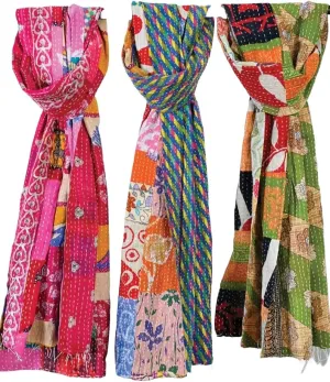 Set of 5 assorted cotton Patchwork Kantha Scarves, Handmade Vintage one-of-a-kind cotton scarf