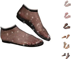 Shiny Gem Mesh Flats Women,Glittery Stretchy Net Shoes Women Ultra Comfortable Shiny Gem Mesh Flats Sparkle Shoe,Sexy Flat Cutout Sparkly Casual Wedding Dress Flats Slip On Sandals