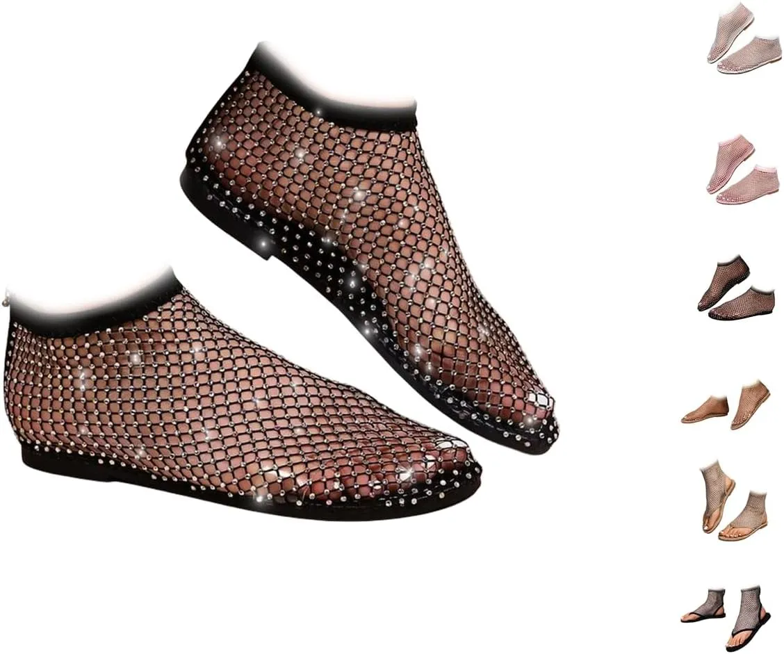Shiny Gem Mesh Flats Women,Glittery Stretchy Net Shoes Women Ultra Comfortable Shiny Gem Mesh Flats Sparkle Shoe,Sexy Flat Cutout Sparkly Casual Wedding Dress Flats Slip On Sandals