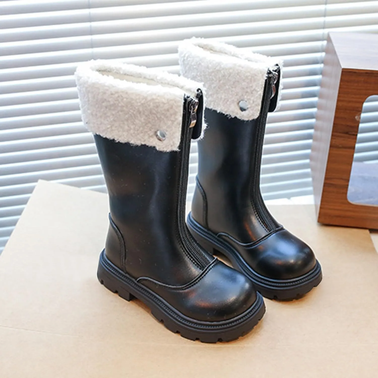 Side Zipper Leather Boots For Girls Kids Toddler Childrens aterproof Shoes Outdoor Dress Dance Fuzzy Soft Mid Boots