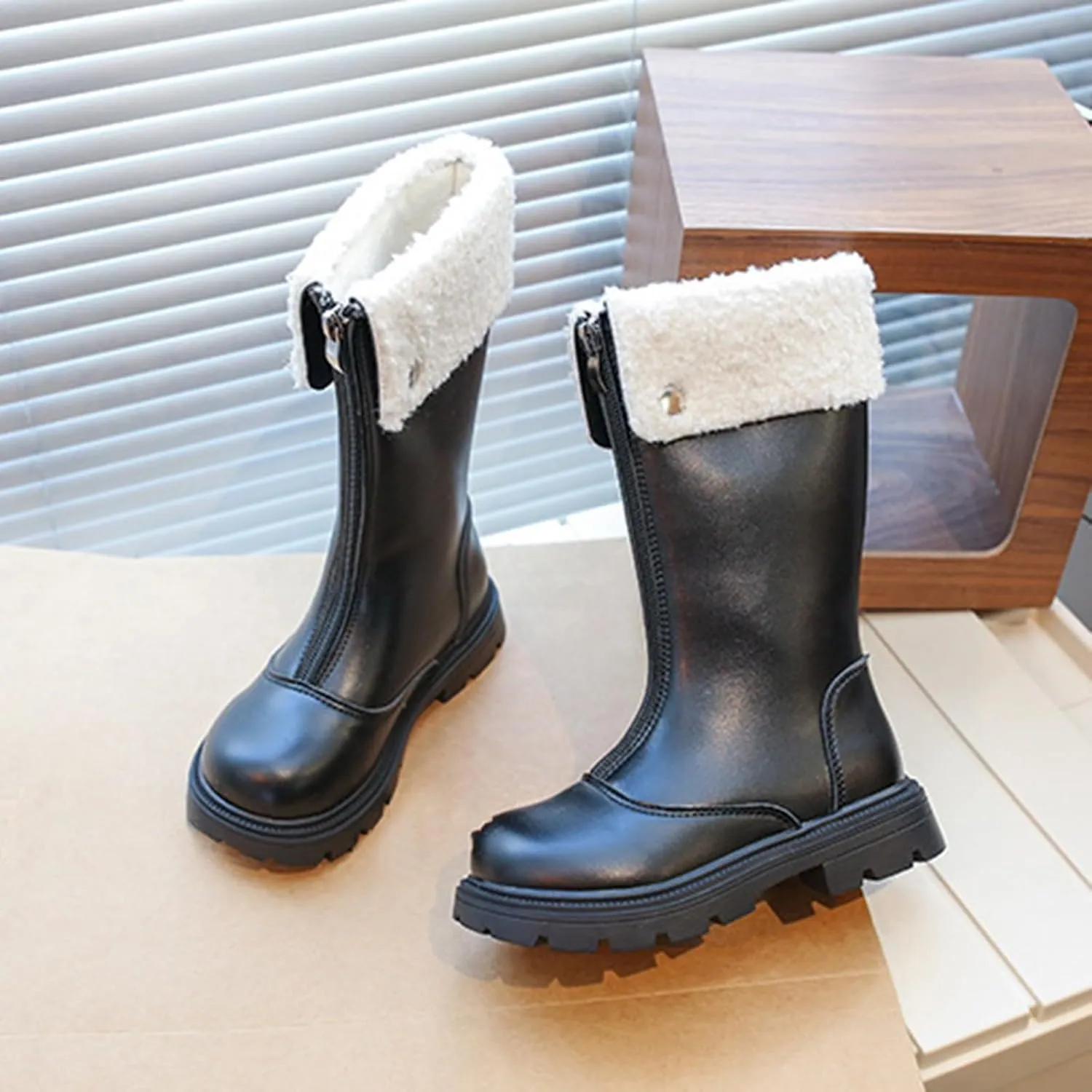 Side Zipper Leather Boots For Girls Kids Toddler Childrens aterproof Shoes Outdoor Dress Dance Fuzzy Soft Mid Boots