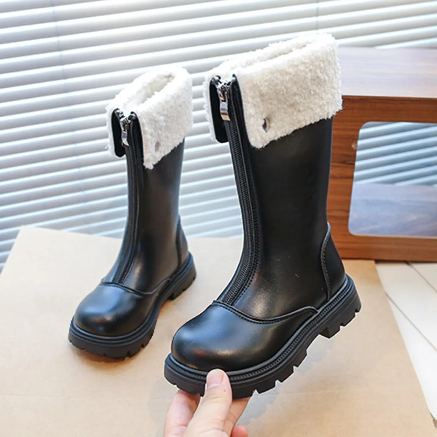 Side Zipper Leather Boots For Girls Kids Toddler Childrens aterproof Shoes Outdoor Dress Dance Fuzzy Soft Mid Boots