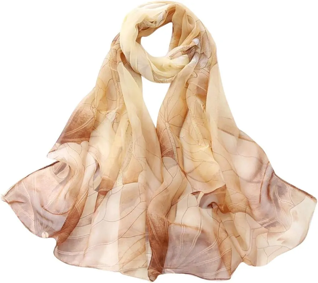 Silk Scarf for Women Long Scarves Women Scarf Printing Soft Shawl Wrap Fashion Scarf (Khaki-A, One Size)