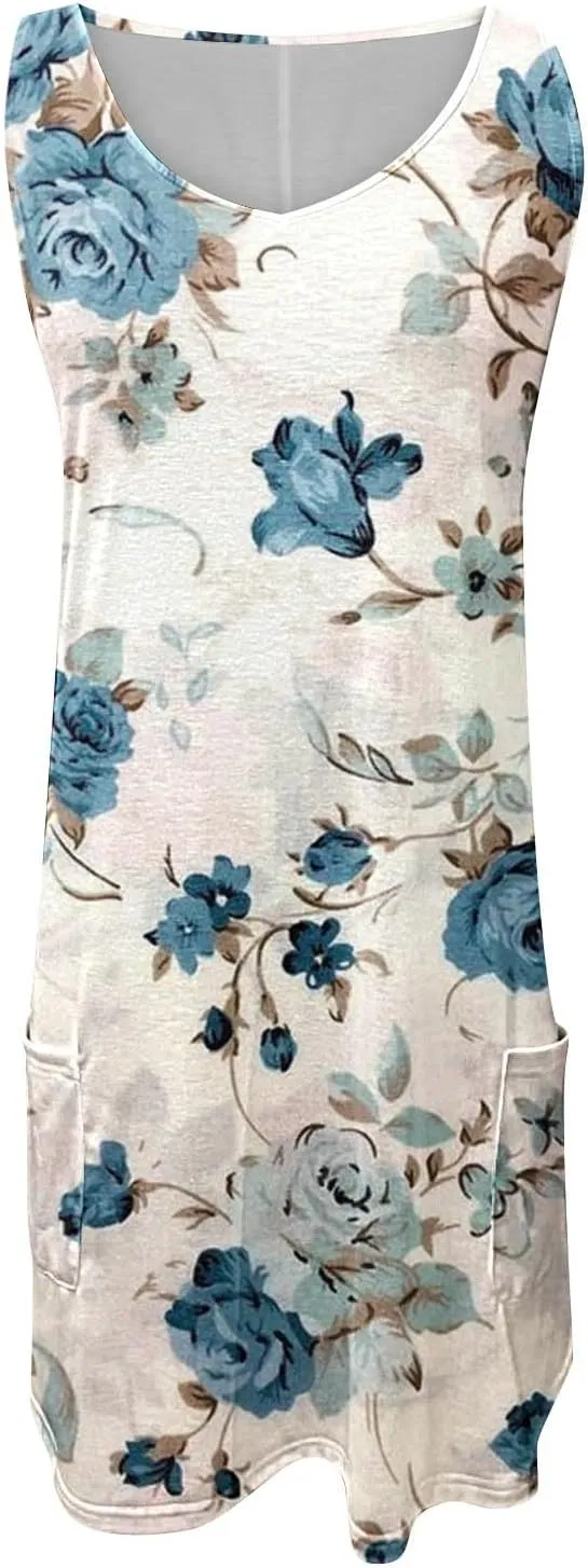 Sleeveless Summer Dresses for Women Aline Mini Dress Swing Dress Floral Printed Casual Dress Vacation Beach Dress