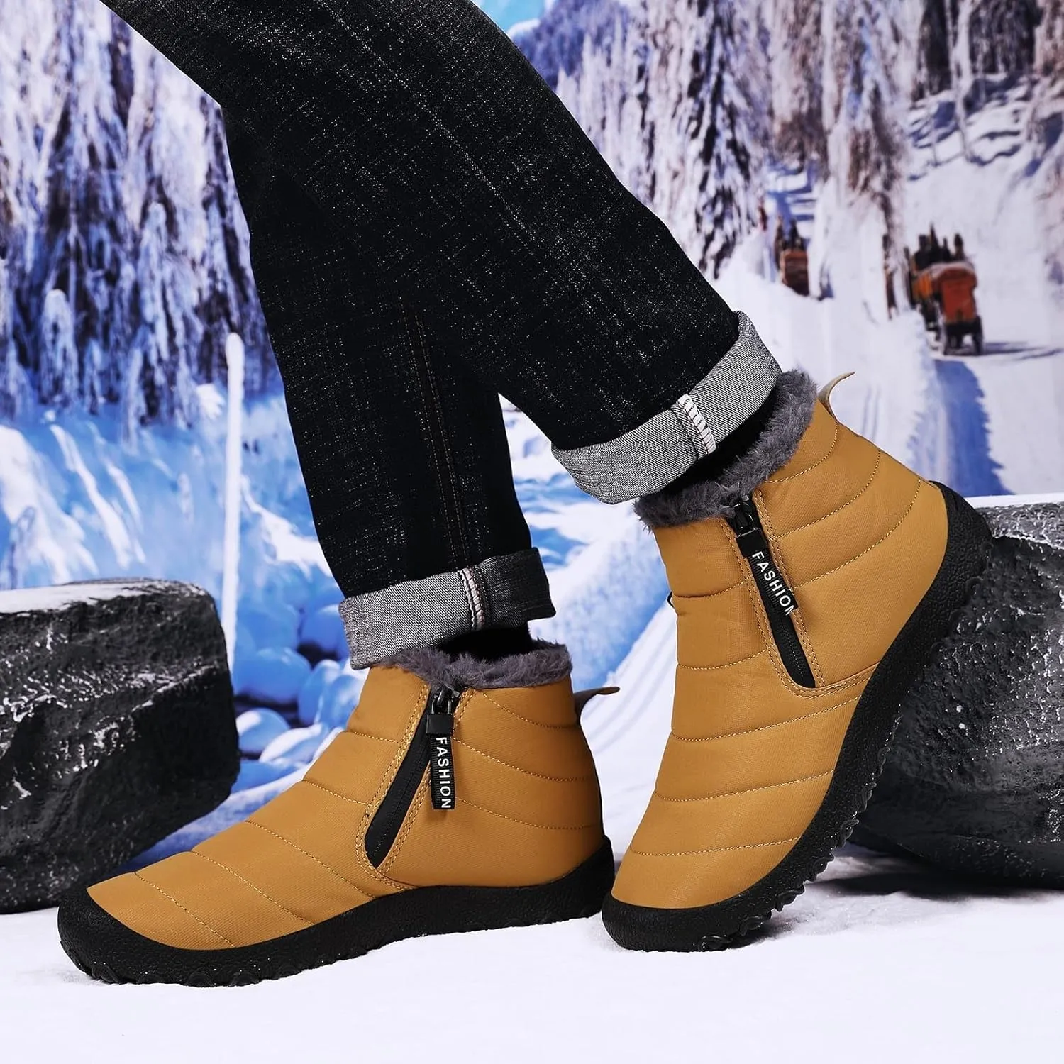 Snow Boots for Men Waterproof Winter Boots Anti-slip Fur Lined Booties Winter Casual Slip on Ankle Boots Comfortable Winter Shoes Trekking Hiking Boots