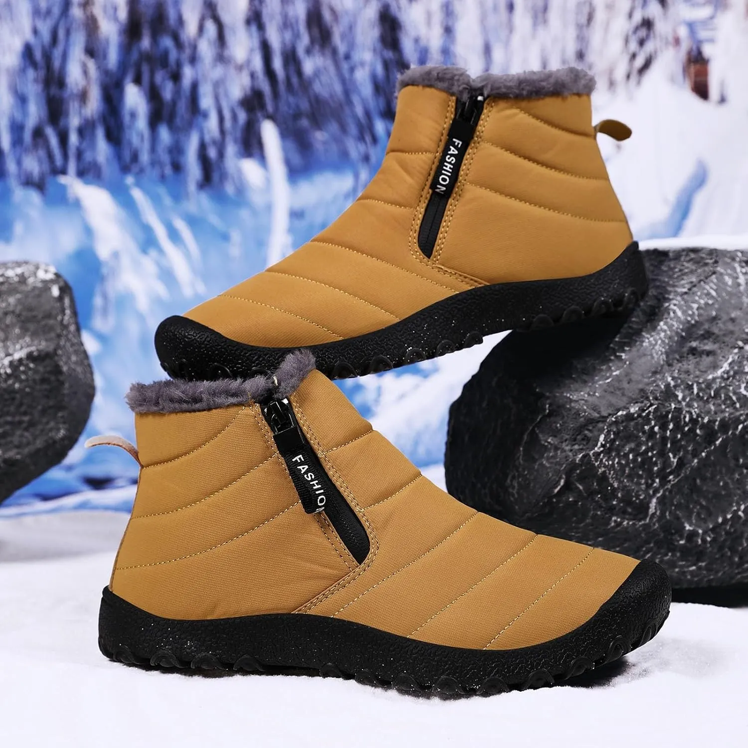 Snow Boots for Men Waterproof Winter Boots Anti-slip Fur Lined Booties Winter Casual Slip on Ankle Boots Comfortable Winter Shoes Trekking Hiking Boots