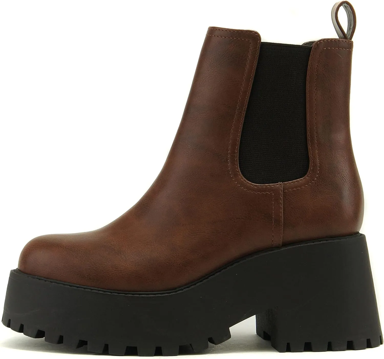 Soda INSTANT Women Chunky Lug Sole Mid Heel Chelsea Fashion Ankle Bootie w/Double Elastic Gore