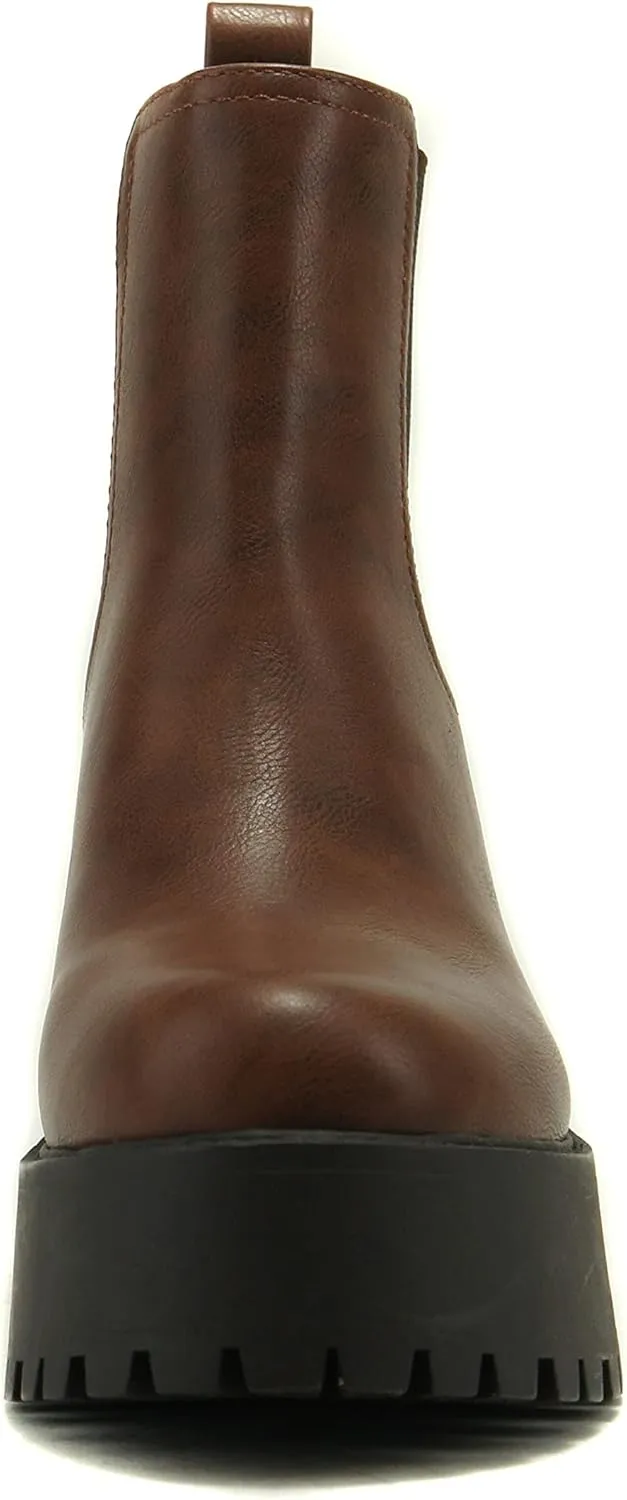 Soda INSTANT Women Chunky Lug Sole Mid Heel Chelsea Fashion Ankle Bootie w/Double Elastic Gore