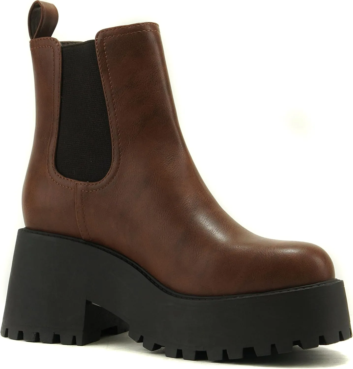 Soda INSTANT Women Chunky Lug Sole Mid Heel Chelsea Fashion Ankle Bootie w/Double Elastic Gore