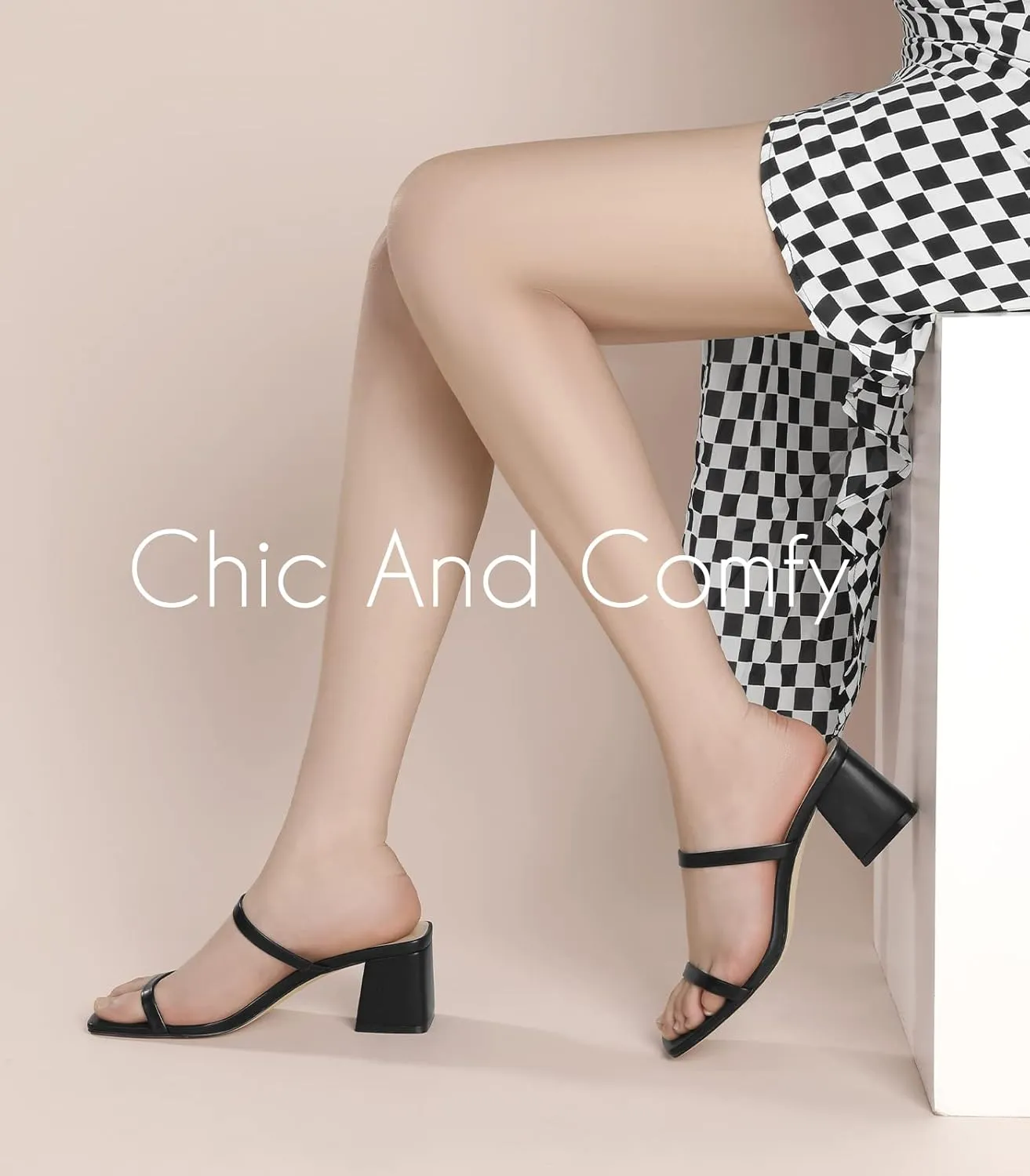 Square Toe Heeled Sandals for Women - Women's Low Block Heels Sandals - 2.25IN Open Toe Ankle Strap Chunky Heels - Slip on Heeled Sandal Mule- Nude Black Strappy Heels for Party Wedding Dress Shoes