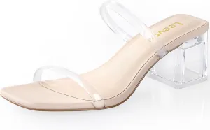 Square Toe Heeled Sandals for Women - Women's Low Block Heels Sandals - 2.25IN Open Toe Ankle Strap Chunky Heels - Slip on Heeled Sandal Mule- Nude Black Strappy Heels for Party Wedding Dress Shoes