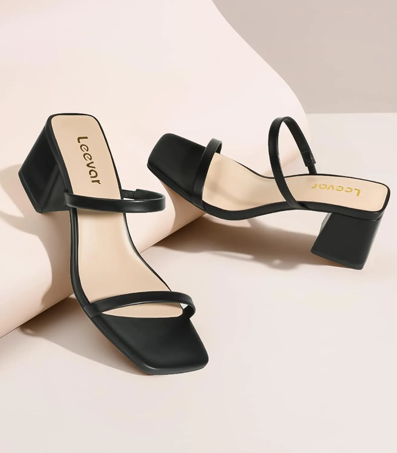 Square Toe Heeled Sandals for Women - Women's Low Block Heels Sandals - 2.25IN Open Toe Ankle Strap Chunky Heels - Slip on Heeled Sandal Mule- Nude Black Strappy Heels for Party Wedding Dress Shoes