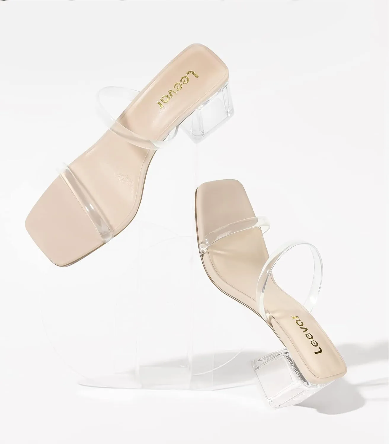 Square Toe Heeled Sandals for Women - Women's Low Block Heels Sandals - 2.25IN Open Toe Ankle Strap Chunky Heels - Slip on Heeled Sandal Mule- Nude Black Strappy Heels for Party Wedding Dress Shoes