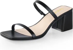 Square Toe Heeled Sandals for Women - Women's Low Block Heels Sandals - 2.25IN Open Toe Ankle Strap Chunky Heels - Slip on Heeled Sandal Mule- Nude Black Strappy Heels for Party Wedding Dress Shoes