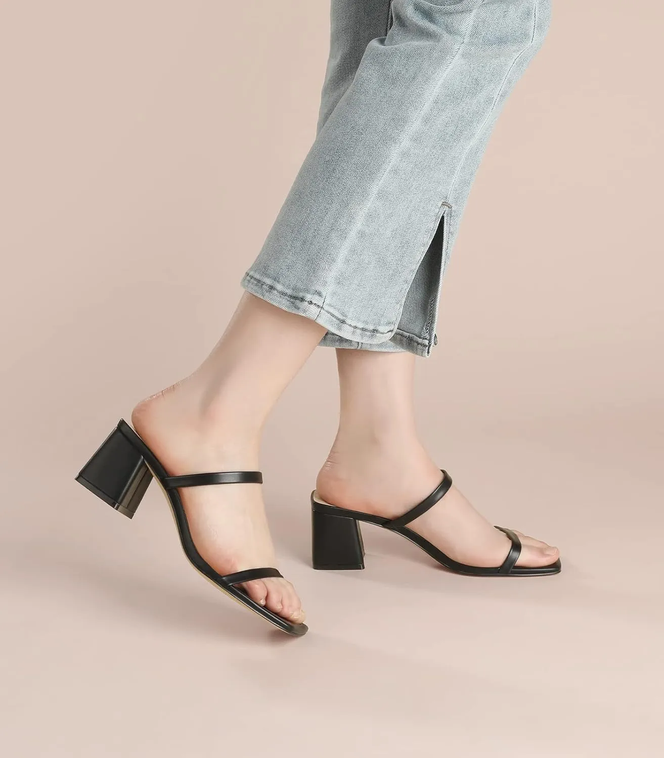 Square Toe Heeled Sandals for Women - Women's Low Block Heels Sandals - 2.25IN Open Toe Ankle Strap Chunky Heels - Slip on Heeled Sandal Mule- Nude Black Strappy Heels for Party Wedding Dress Shoes