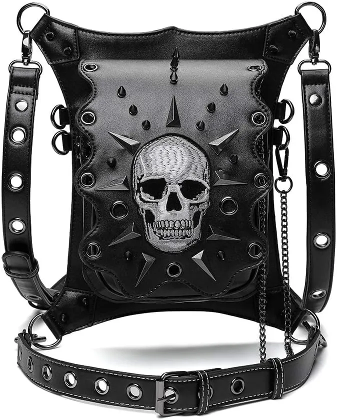 Steampunk Waist Bag Fanny Pack Skull Leather Thigh Leg Hip Holster Purse Travel Pouch Hiking Sport Chain Bags,Brass,WPGerritBG610