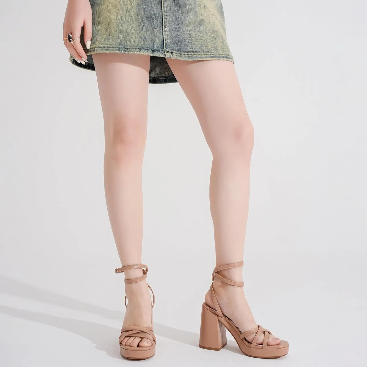 Strappy Platform Heels for Women Heeled Sandals with Lace Up Ankle Strap Square Open Toe Block Heels for Wedding Work Party Prom Dress