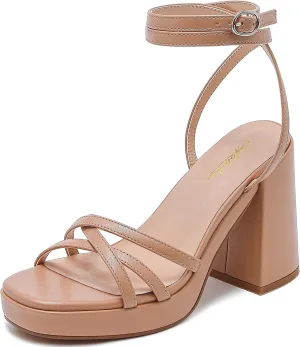 Strappy Platform Heels for Women Heeled Sandals with Lace Up Ankle Strap Square Open Toe Block Heels for Wedding Work Party Prom Dress