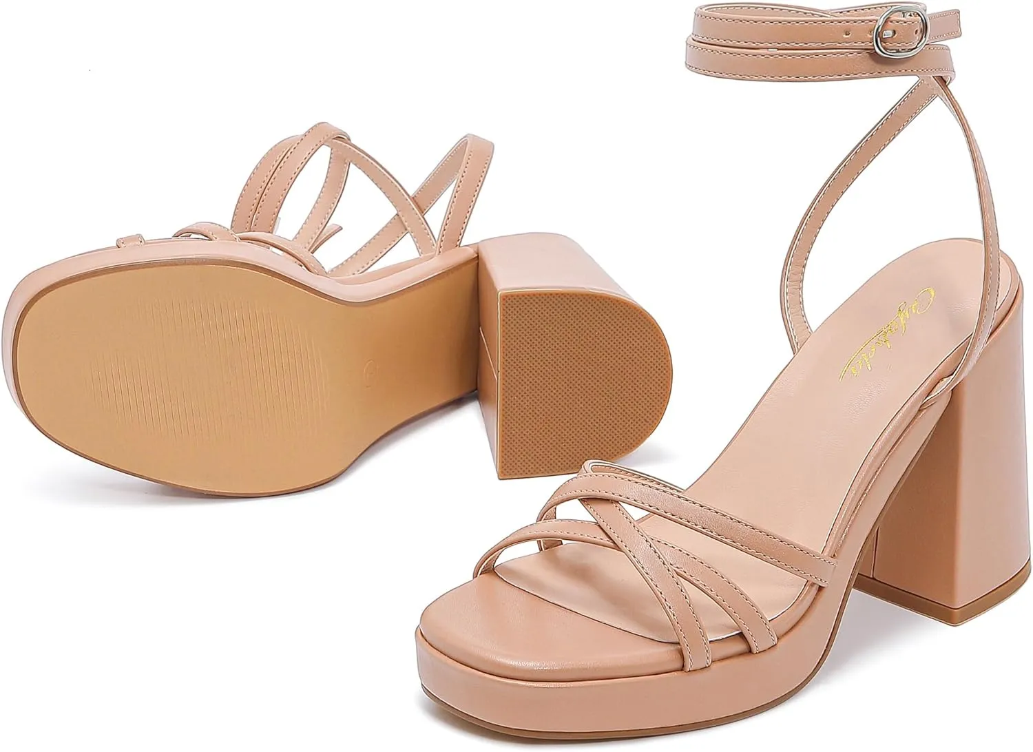 Strappy Platform Heels for Women Heeled Sandals with Lace Up Ankle Strap Square Open Toe Block Heels for Wedding Work Party Prom Dress