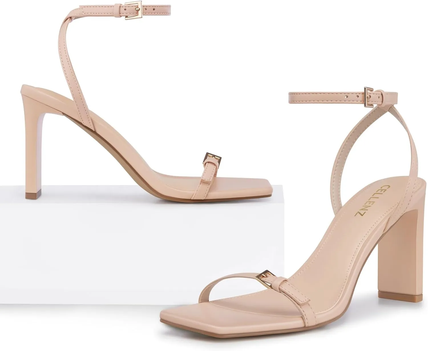 Strappy Women High Heels: 3.4 Inch Sexy Wide Heel Sandals, Square Open Toe Heeled, Comfortable Prom Party Wedding Shoes