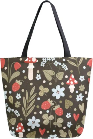 Stylish Extra Large Shoulder Grocery Tote Bag, Forest Wild Plants Mushroom Floral Canvas Daily Handle Bag for Gym Yoga Weekender Beach Travel Picnic Kitchen Reusable Market Shopping