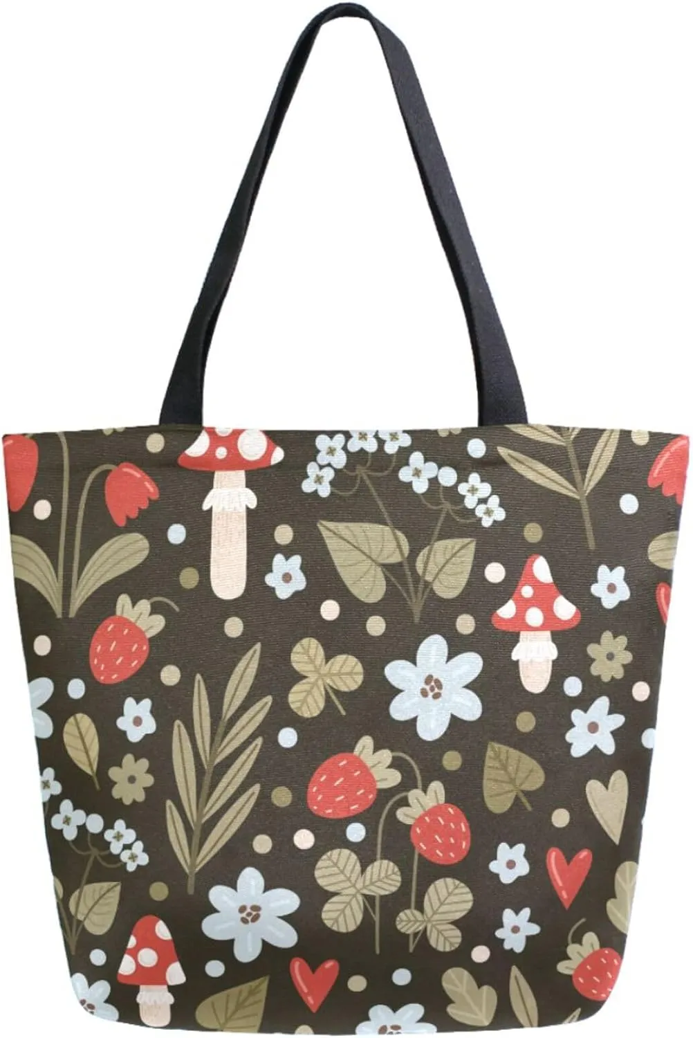 Stylish Extra Large Shoulder Grocery Tote Bag, Forest Wild Plants Mushroom Floral Canvas Daily Handle Bag for Gym Yoga Weekender Beach Travel Picnic Kitchen Reusable Market Shopping