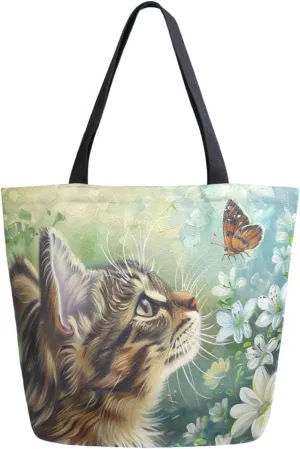 Stylish Extra Large Shoulder Grocery Tote Bag, Spring Flowers Cat Butterfly Canvas Daily Handle Bag for Gym Weekender Beach Travel Kitchen Reusable Market Shopping