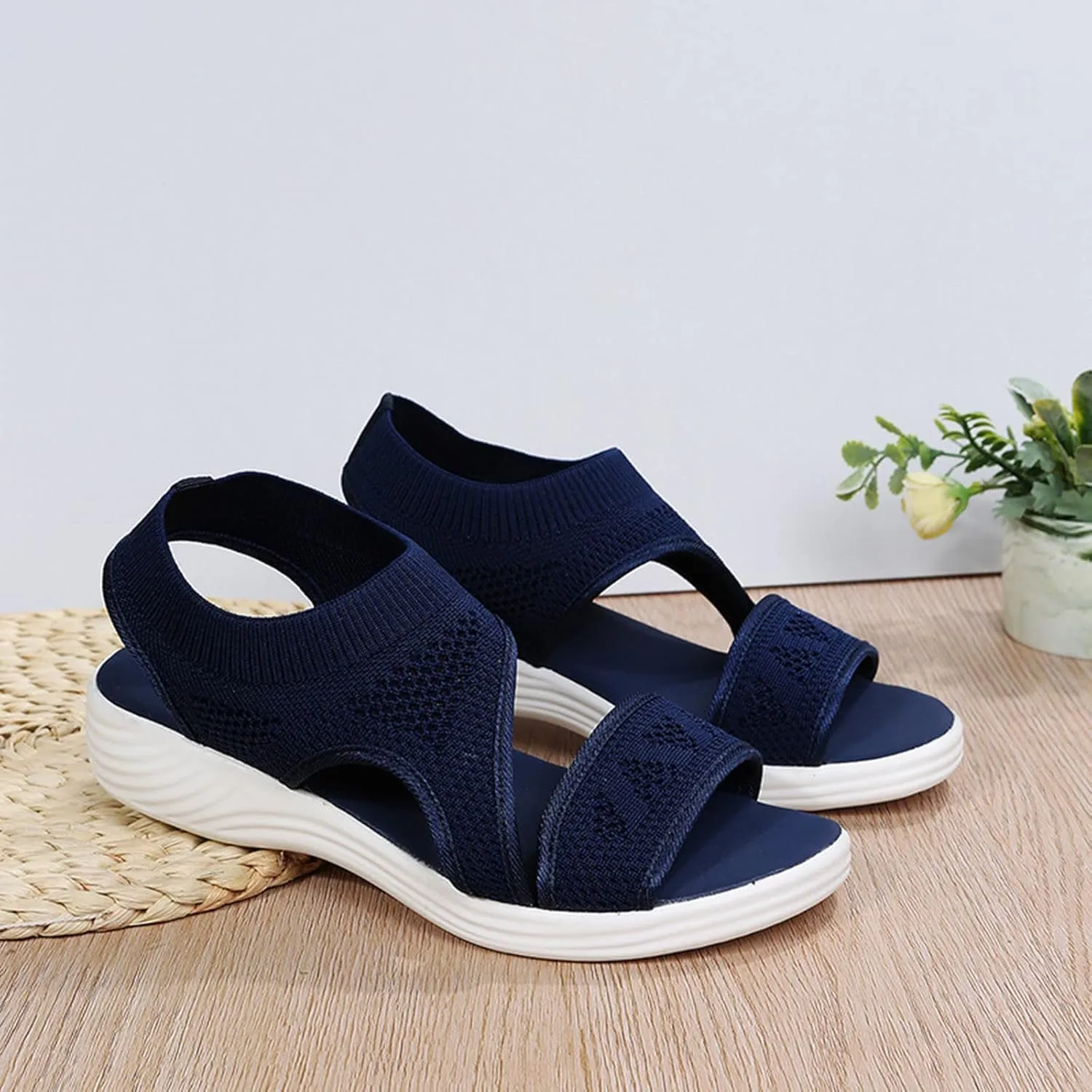 SuanlaTDS Wedge Sandals for Women Comfortable Platform Wedges Open Toe Slip On Breathable Mesh Walking Shoes Flat Slingback Thick Soled Low Heels Outdoor Summer Beach Sandals