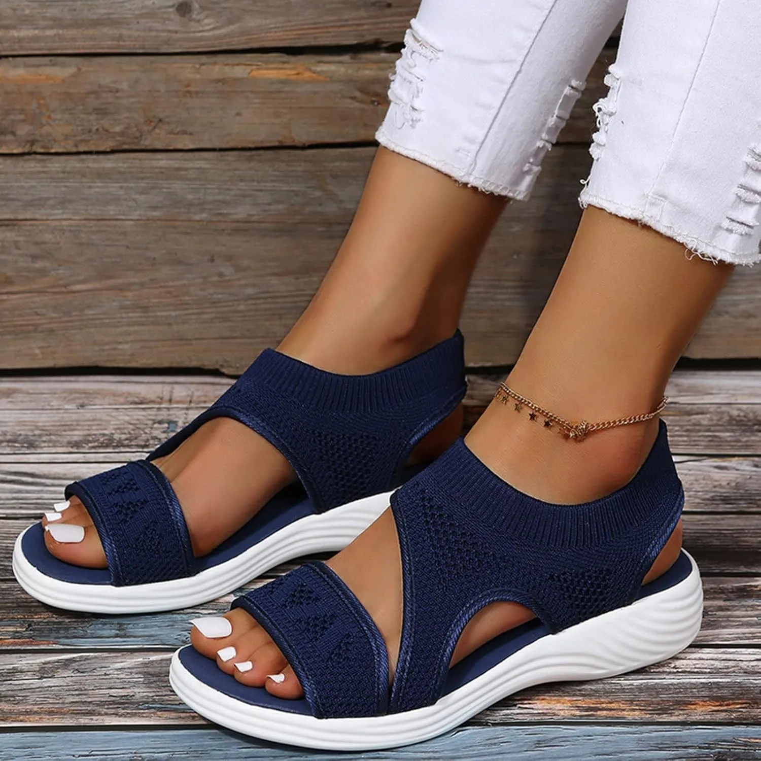SuanlaTDS Wedge Sandals for Women Comfortable Platform Wedges Open Toe Slip On Breathable Mesh Walking Shoes Flat Slingback Thick Soled Low Heels Outdoor Summer Beach Sandals