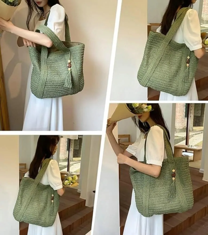 Summer Beach Women's Large Hand-woven Straw Shoulder Hobo Tote Net Bag with Tassels and Top Handle Purse Style