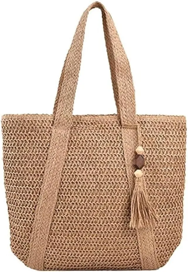 Summer Beach Women's Large Hand-woven Straw Shoulder Hobo Tote Net Bag with Tassels and Top Handle Purse Style