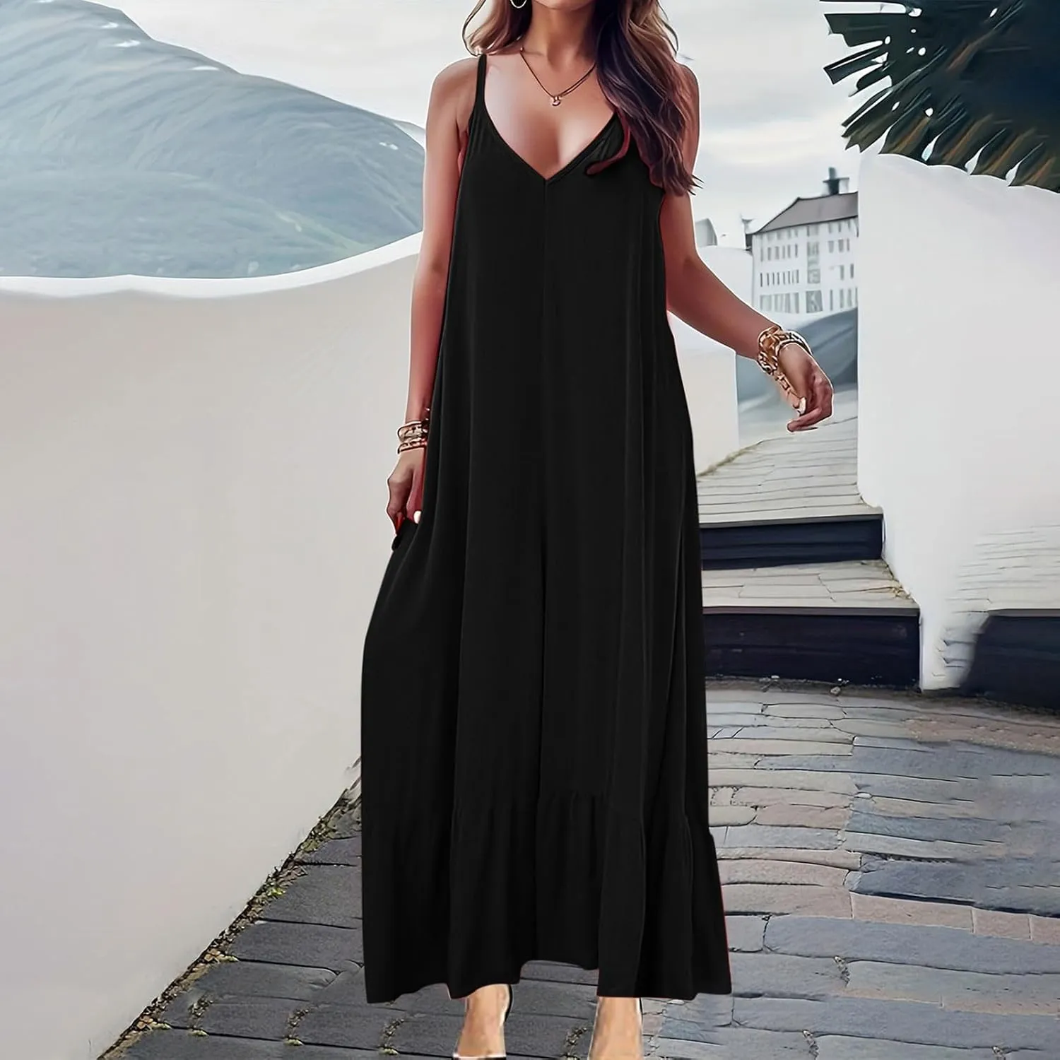 Summer Dresses for Women 2024 Trendy Halter, Sleeveless Casual V Neck Ruffle Dresses, Lightweight Floral Boho Dress