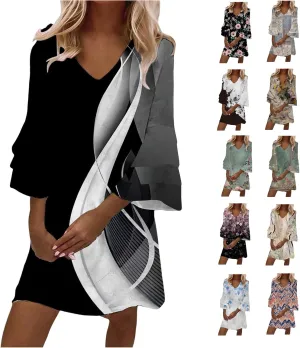 Summer Dresses for Women 2025 Casual V Neck 3/4 Petal Bell Sleeve Mini Dresses Plus Size Loose Flowy Beach Sundresses