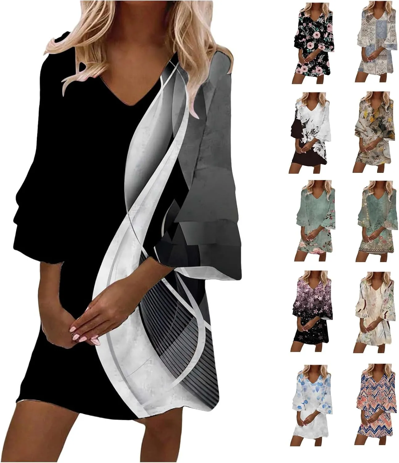 Summer Dresses for Women 2025 Casual V Neck 3/4 Petal Bell Sleeve Mini Dresses Plus Size Loose Flowy Beach Sundresses