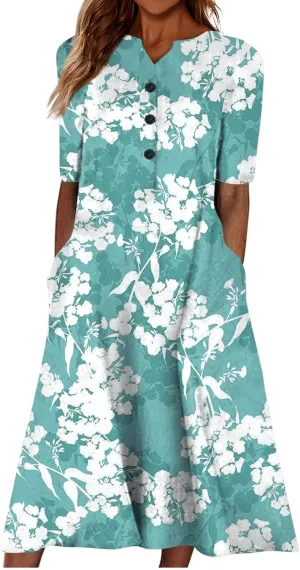 Summer Dresses for Women 2025 Floral Print Boho Beach V-Neck Buttons Short Sleeve Loose Midi Dress with Pockets