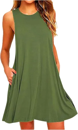 Summer Dresses for Women 2025 Sleeveless Mini Sundresses Crewneck Swing Dress Trendy Vacation Beach Dress with Pockets