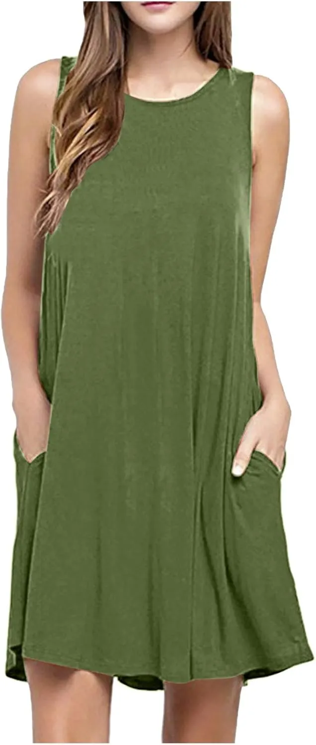 Summer Dresses for Women 2025 Sleeveless Mini Sundresses Crewneck Swing Dress Trendy Vacation Beach Dress with Pockets