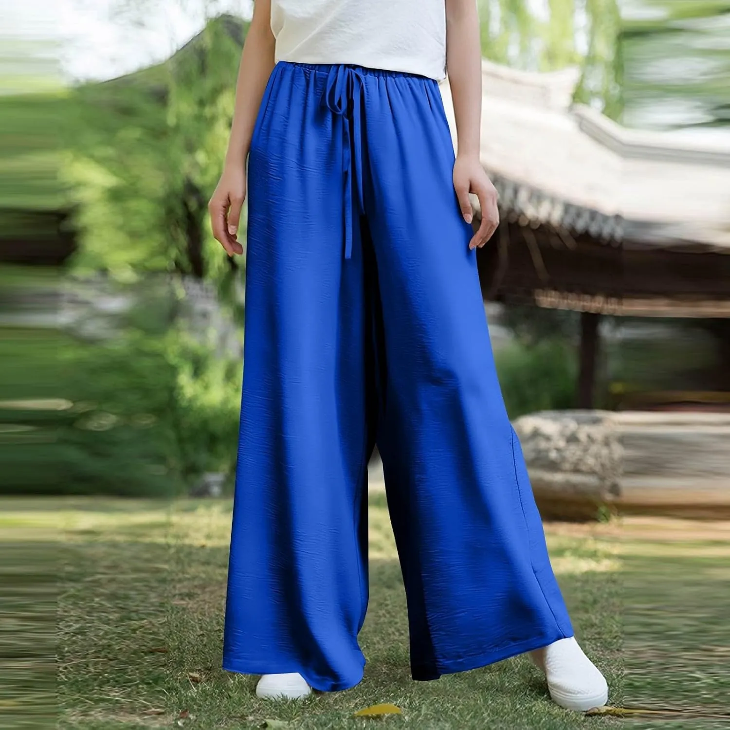 Summer Pants for Women 2025 Baggy High Waist Elastic Waist Solid Palazzo Wide Leg Pants Dressy Straight Fashion Outfits